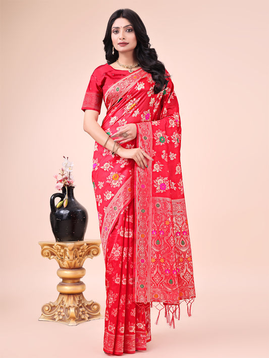 Red Banarasi Silk Saree with Floral Zari Weaving