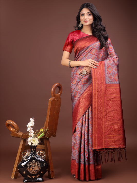 Astita Majestic Red & Grey Silk Saree with Rich Woven Pallu – A Regal Touch for Special Moments
