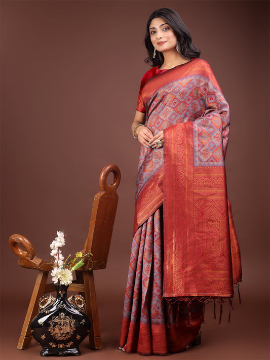Astita Majestic Red & Grey Silk Saree with Rich Woven Pallu – A Regal Touch for Special Moments