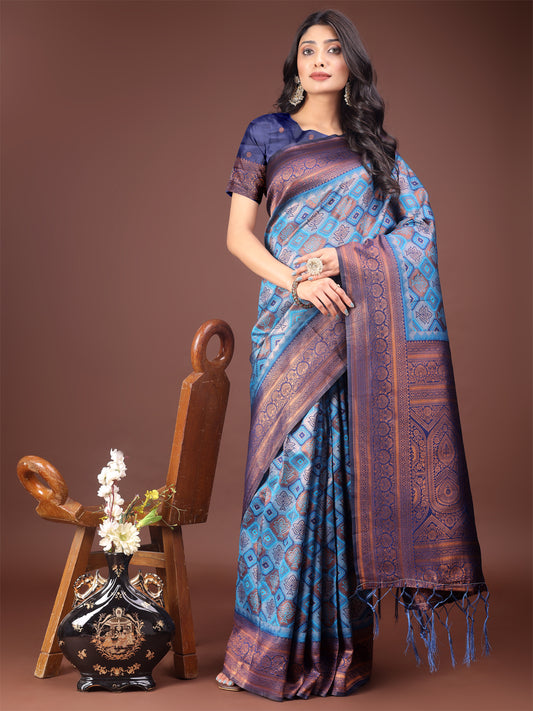 Astita Majestic Red & Sky Blue Silk Saree with Rich Woven Pallu – A Regal Touch for Special Moments