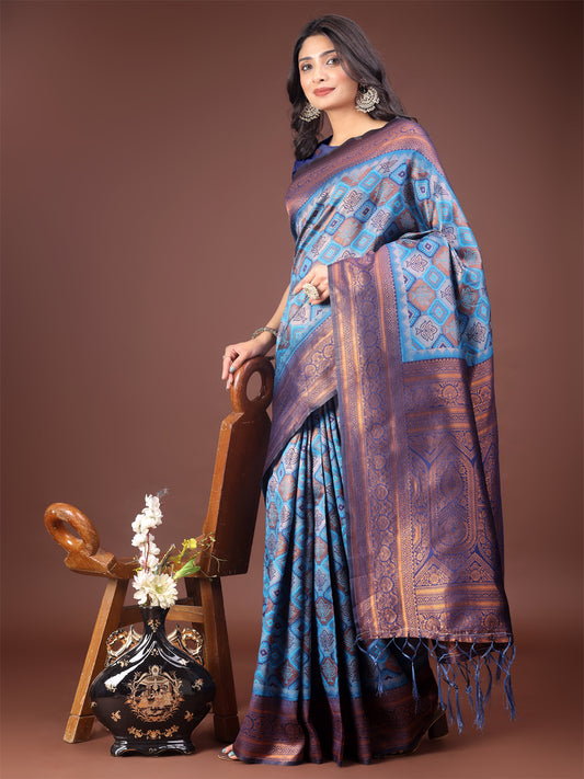 Astita Majestic Red & Sky Blue Silk Saree with Rich Woven Pallu – A Regal Touch for Special Moments