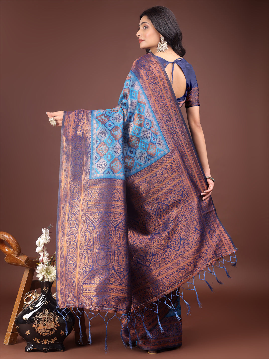 Astita Majestic Red & Sky Blue Silk Saree with Rich Woven Pallu – A Regal Touch for Special Moments