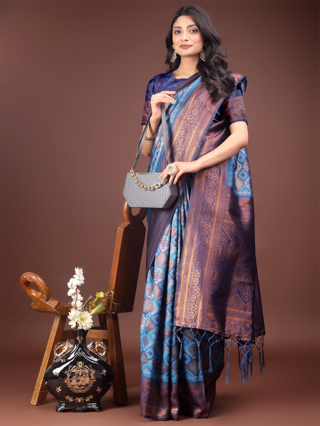Astita Majestic Red & Sky Blue Silk Saree with Rich Woven Pallu – A Regal Touch for Special Moments