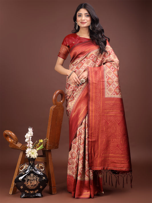 Astita Majestic Red & Cream Silk Saree with Rich Woven Pallu – A Regal Touch for Special Moments