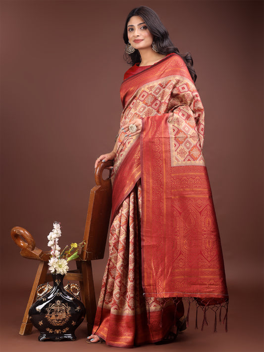 Astita Majestic Red & Cream Silk Saree with Rich Woven Pallu – A Regal Touch for Special Moments