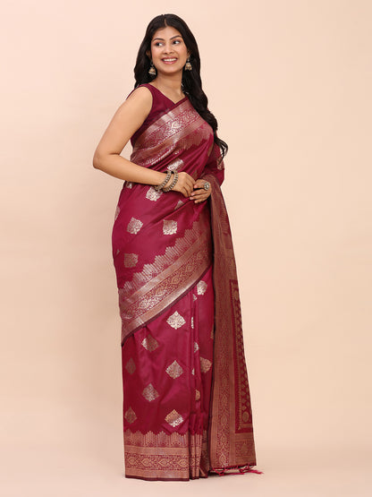 Astita Magenta Banarasi Silk Saree with Rich Zari Weaving Border and Pallu for Wedding and Festive Wear