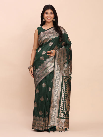 Astita Dark Green Banarasi Silk Saree with Rich Zari Weaving Border and Pallu for Wedding and Festive Wear