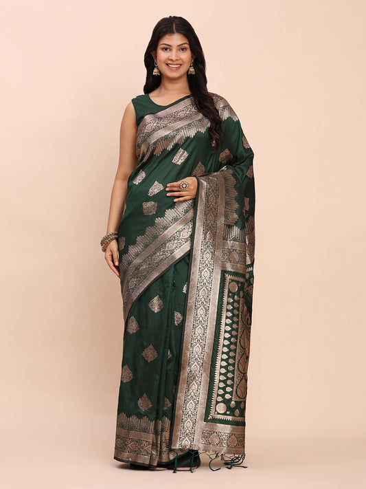Astita Dark Green Banarasi Silk Saree with Rich Zari Weaving Border and Pallu for Wedding and Festive Wear