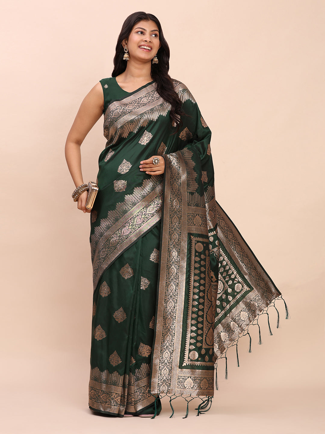 Astita Dark Green Banarasi Silk Saree with Rich Zari Weaving Border and Pallu for Wedding and Festive Wear