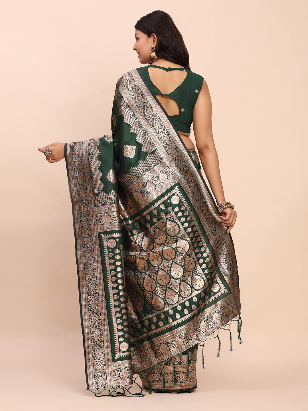 Astita Dark Green Banarasi Silk Saree with Rich Zari Weaving Border and Pallu for Wedding and Festive Wear