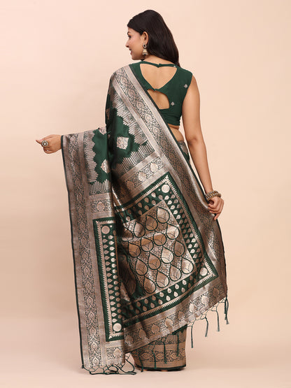 Astita Dark Green Banarasi Silk Saree with Rich Zari Weaving Border and Pallu for Wedding and Festive Wear
