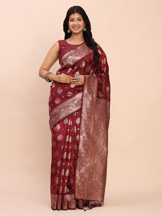 Astita Maroon Banarasi Silk Saree with Rich Zari Weaving Border and Pallu for Wedding and Festive Wear