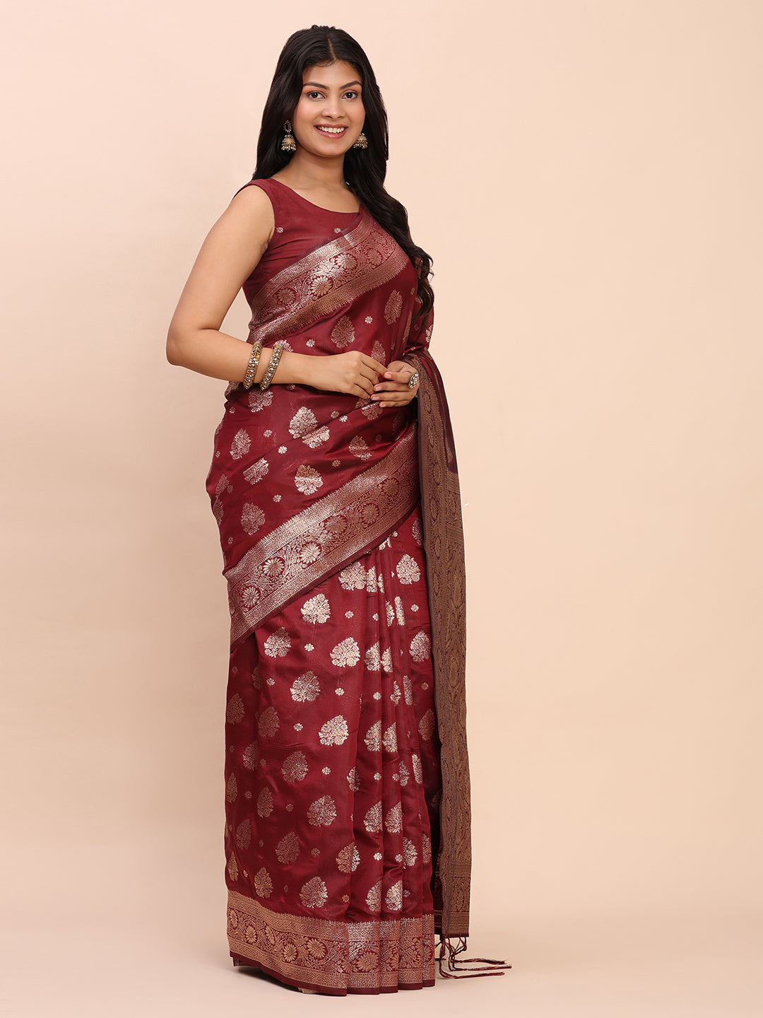 Astita Maroon Banarasi Silk Saree with Rich Zari Weaving Border and Pallu for Wedding and Festive Wear