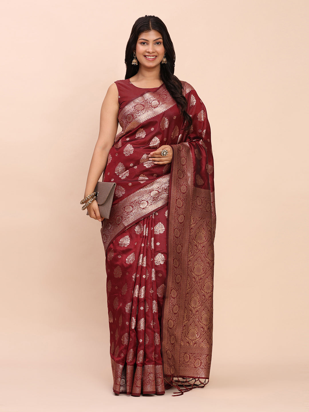Astita Maroon Banarasi Silk Saree with Rich Zari Weaving Border and Pallu for Wedding and Festive Wear