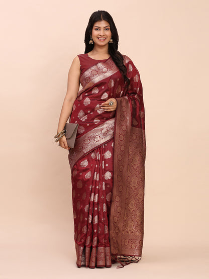 Astita Maroon Banarasi Silk Saree with Rich Zari Weaving Border and Pallu for Wedding and Festive Wear