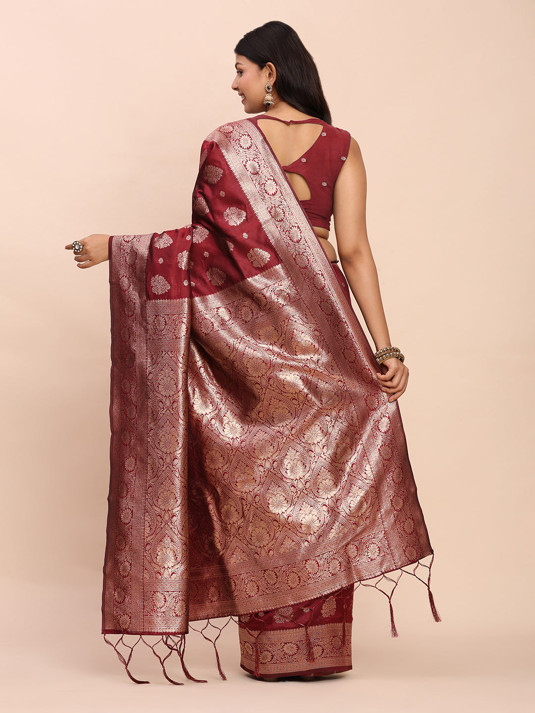 Astita Maroon Banarasi Silk Saree with Rich Zari Weaving Border and Pallu for Wedding and Festive Wear