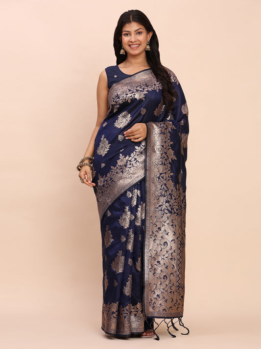 Astita Navy Blue Banarasi Silk Saree with Rich Zari Weaving Border and Pallu for Wedding and Festive Wear