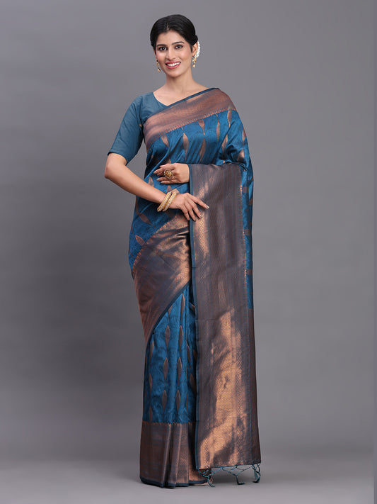 Astita Navy Blue Banarasi Silk Saree with Copper Zari Woven Pallu & Feather Butta – Wedding & Festive Wear