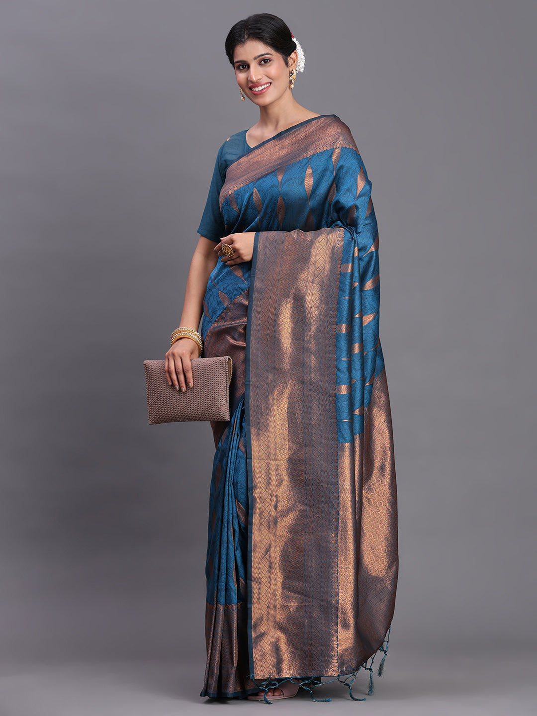 Astita Navy Blue Banarasi Silk Saree with Copper Zari Woven Pallu & Feather Butta – Wedding & Festive Wear