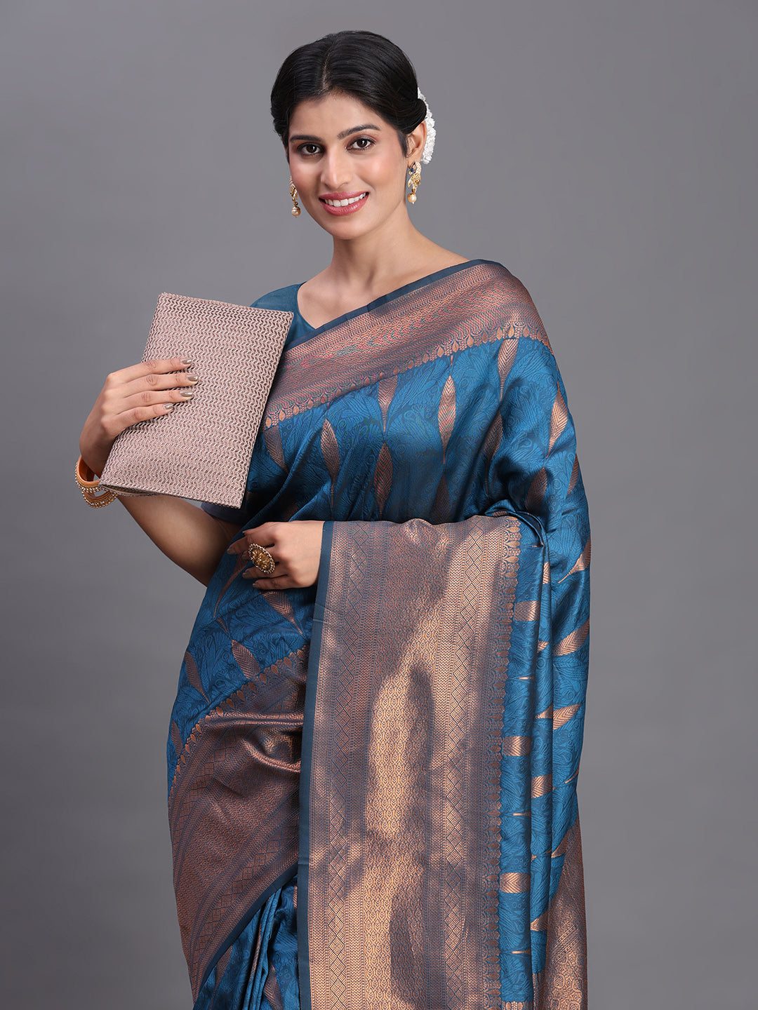 Astita Navy Blue Banarasi Silk Saree with Copper Zari Woven Pallu & Feather Butta – Wedding & Festive Wear