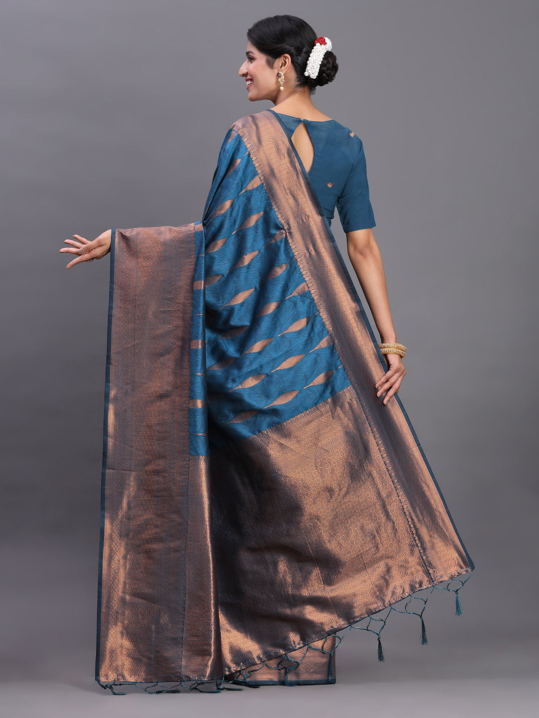 Astita Navy Blue Banarasi Silk Saree with Copper Zari Woven Pallu & Feather Butta – Wedding & Festive Wear