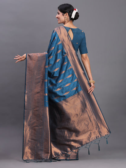 Astita Navy Blue Banarasi Silk Saree with Copper Zari Woven Pallu & Feather Butta – Wedding & Festive Wear
