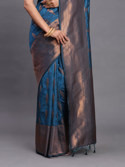 Astita Navy Blue Banarasi Silk Saree with Copper Zari Woven Pallu & Feather Butta – Wedding & Festive Wear