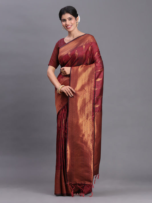 Astita Maroon Banarasi Silk Saree with Copper Zari Woven Pallu & Feather Butta – Wedding & Festive Wear