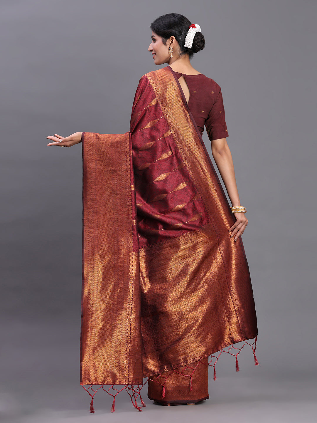 Astita Maroon Banarasi Silk Saree with Copper Zari Woven Pallu & Feather Butta – Wedding & Festive Wear