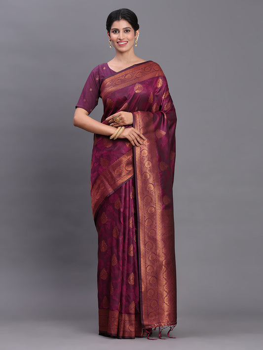 Astita Purple Banarasi Silk Saree with Copper Zari Woven Pallu & Feather Butta – Wedding & Festive Wear