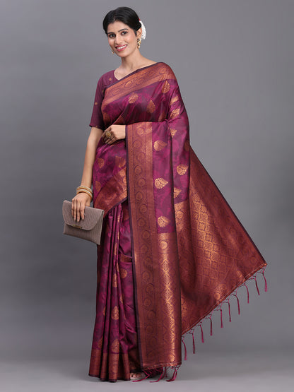 Astita Purple Banarasi Silk Saree with Copper Zari Woven Pallu & Feather Butta – Wedding & Festive Wear