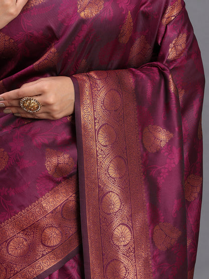 Astita Purple Banarasi Silk Saree with Copper Zari Woven Pallu & Feather Butta – Wedding & Festive Wear