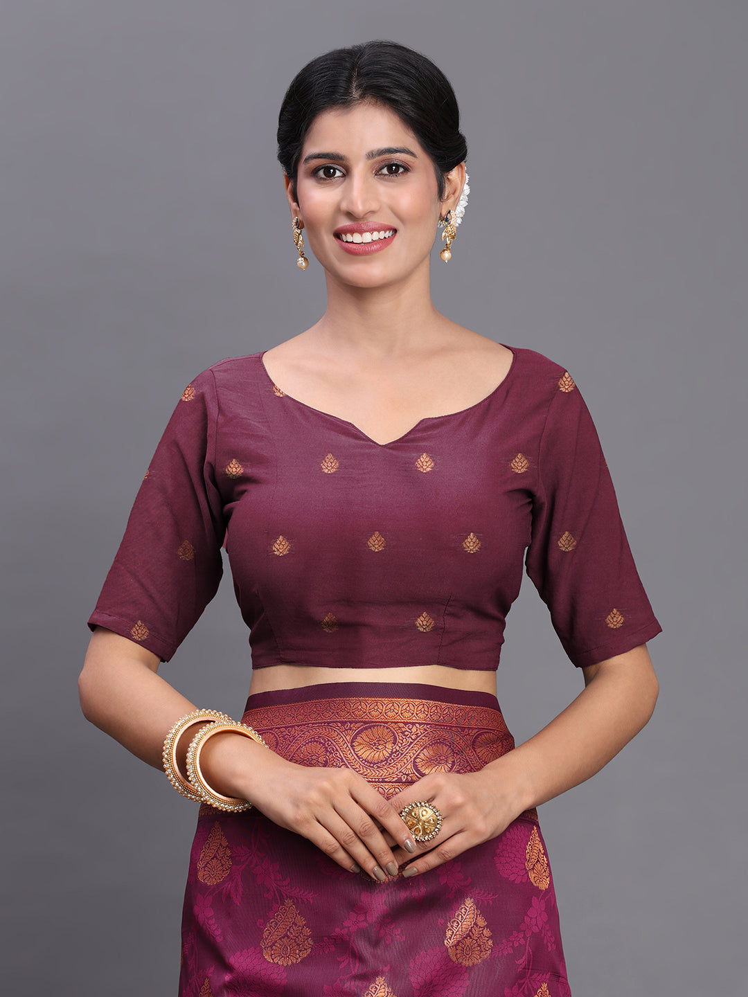 Astita Purple Banarasi Silk Saree with Copper Zari Woven Pallu & Feather Butta – Wedding & Festive Wear