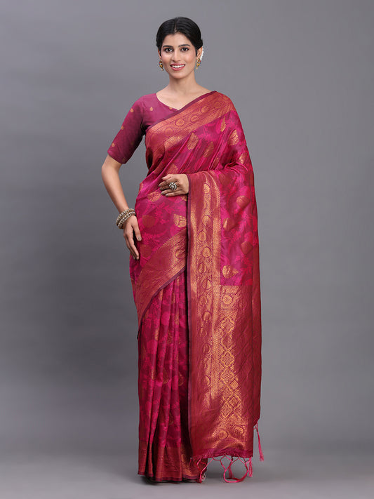 Astita Pink Banarasi Silk Saree with Copper Zari Woven Pallu & Feather Butta – Wedding & Festive Wear