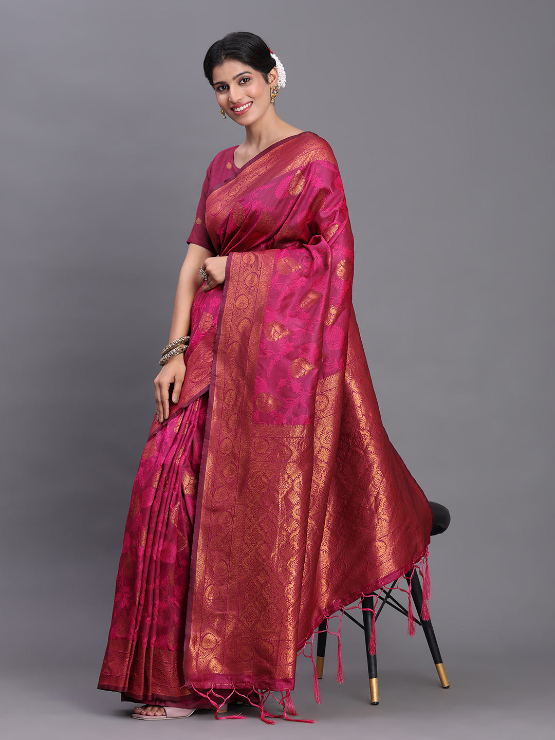 Astita Pink Banarasi Silk Saree with Copper Zari Woven Pallu & Feather Butta – Wedding & Festive Wear