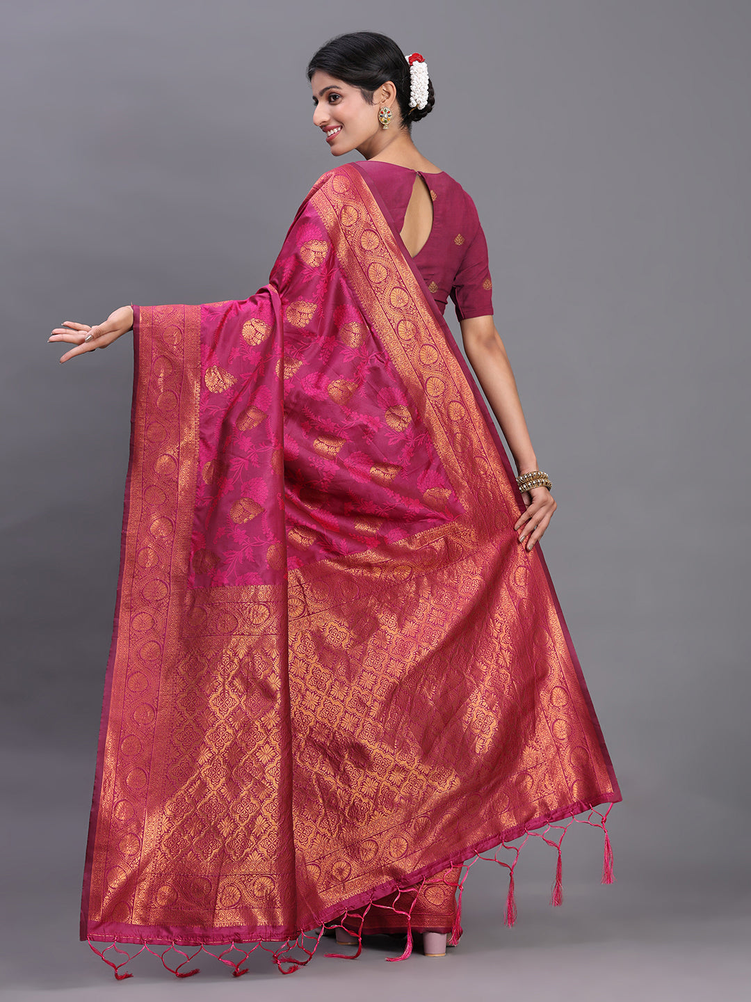 Astita Pink Banarasi Silk Saree with Copper Zari Woven Pallu & Feather Butta – Wedding & Festive Wear