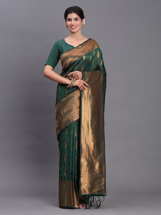 Astita Dark Green Banarasi Silk Saree with Copper Zari Woven Pallu & Feather Butta – Wedding & Festive Wear