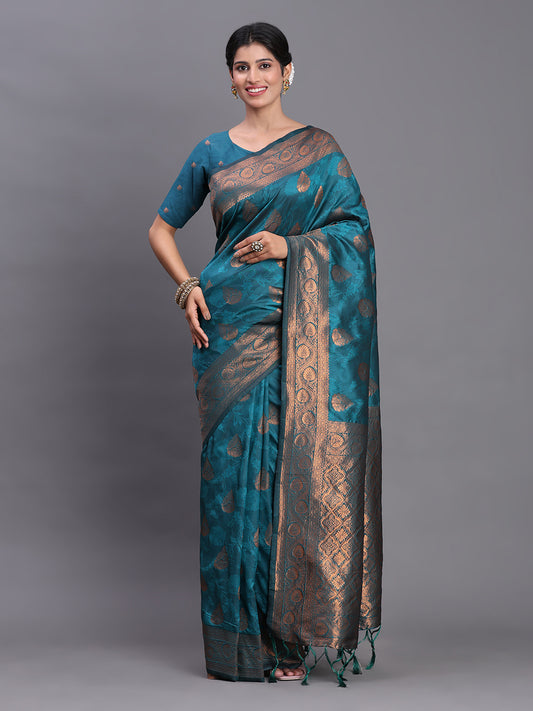 Astita Teal Blue Banarasi Silk Saree with Copper Zari Woven Pallu & Feather Butta – Wedding & Festive Wear