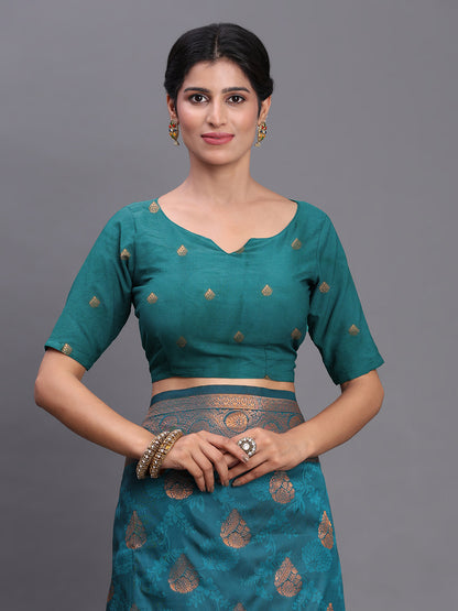 Astita Teal Blue Banarasi Silk Saree with Copper Zari Woven Pallu & Feather Butta – Wedding & Festive Wear