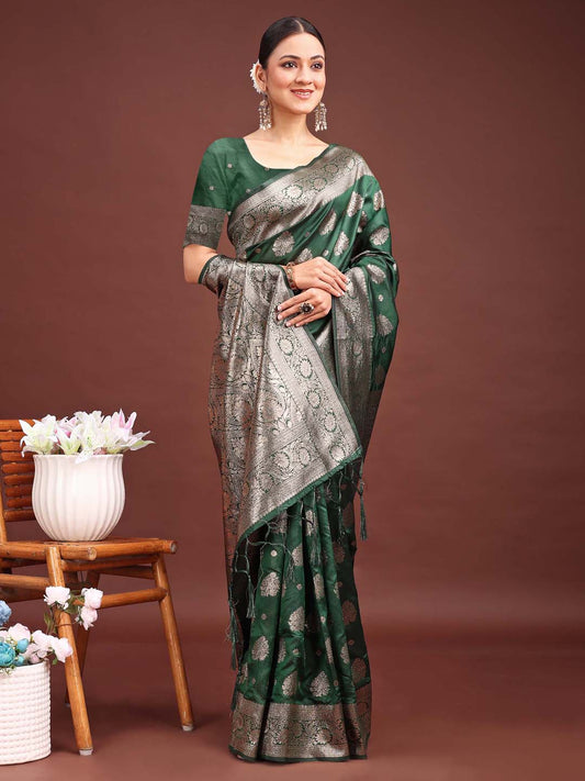Astita Dark Green Banarasi Silk Saree with Zari Weaving – A Timeless Tale of Elegance