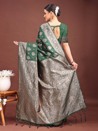 Astita Dark Green Banarasi Silk Saree with Zari Weaving – A Timeless Tale of Elegance