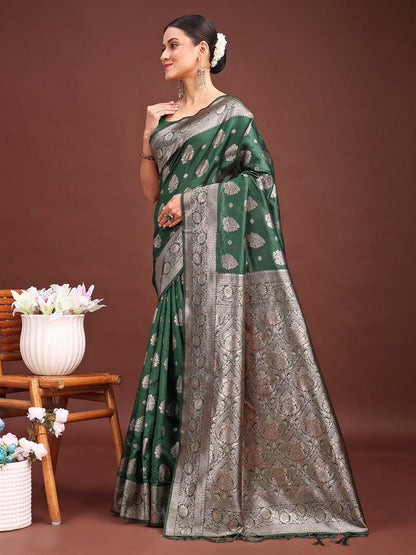 Astita Dark Green Banarasi Silk Saree with Zari Weaving – A Timeless Tale of Elegance