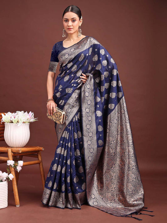 Astita Navy Blue Banarasi Silk Saree with Zari Weaving – A Timeless Tale of Elegance