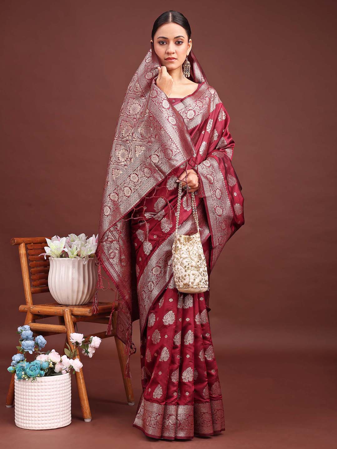 Astita Maroon Banarasi Silk Saree with Zari Weaving – A Timeless Tale of Elegance