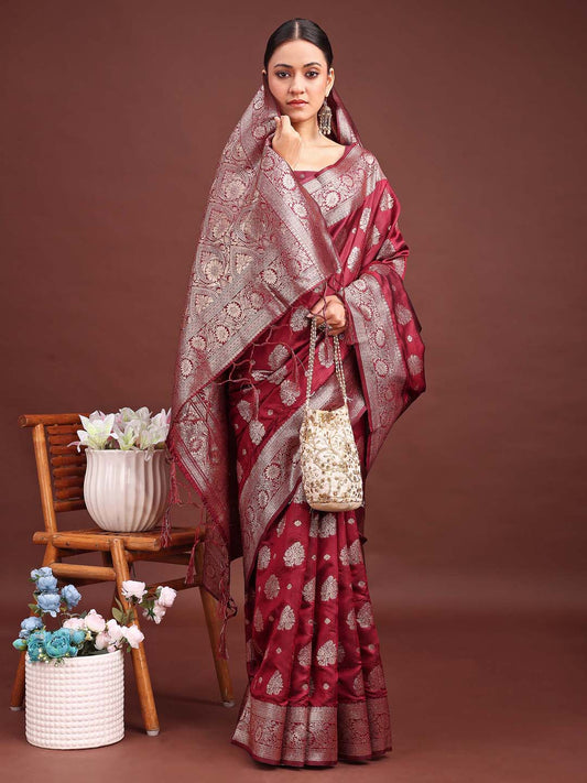 Astita Maroon Banarasi Silk Saree with Zari Weaving – A Timeless Tale of Elegance
