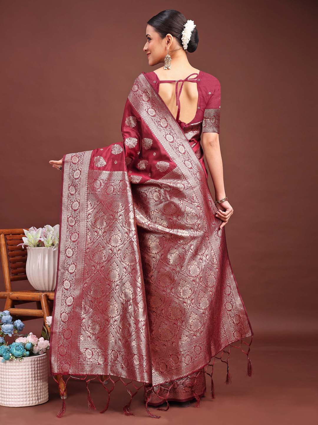 Astita Maroon Banarasi Silk Saree with Zari Weaving – A Timeless Tale of Elegance