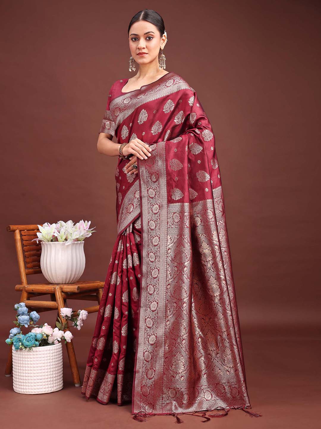 Astita Maroon Banarasi Silk Saree with Zari Weaving – A Timeless Tale of Elegance