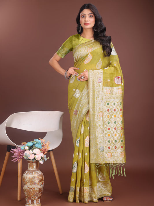 Astita Elegant Olive Green Linen Cotton Saree with Zari Border & Woven Motifs – Perfect for Sophisticated Everyday & Festive Looks