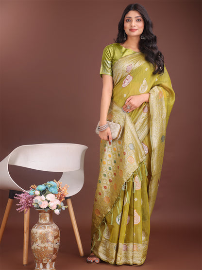 Astita Elegant Olive Green Linen Cotton Saree with Zari Border & Woven Motifs – Perfect for Sophisticated Everyday & Festive Looks