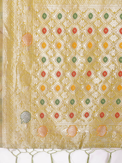 Astita Elegant Olive Green Linen Cotton Saree with Zari Border & Woven Motifs – Perfect for Sophisticated Everyday & Festive Looks